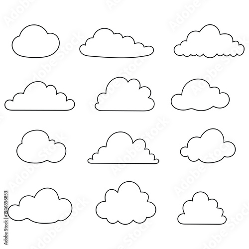 Hand-drawn doodle set of clouds on a white background.