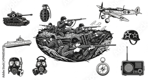 World War II military equipment and soldiers illustration.
