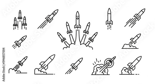 Collection of rocket launch icons in a simple line art style.