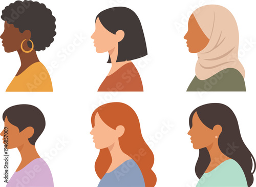 Collection of diverse women portraits in side profile view representing social diversity, inclusion, and multicultural community.