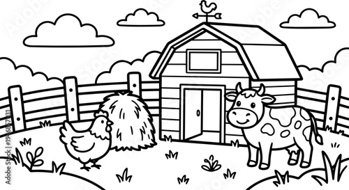 Black and white farm scene with smiling cow standing near chicken and haystack outside wooden barn with fence and clouds