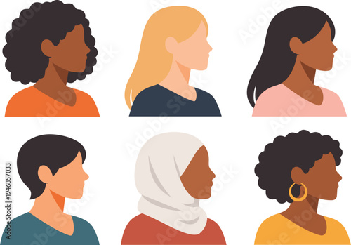 Flat vector illustration set of diverse women in side profile representing multicultural identity, diversity, and female empowerment.