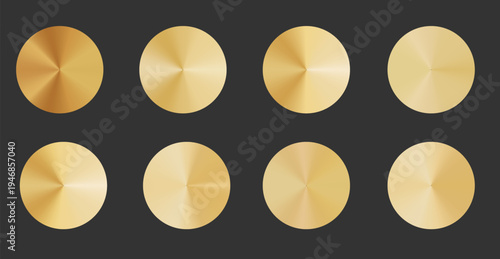 Set of golden radiant circle form, flat vector. Polished metal radial gradient palette. gold color circle effect. Holographic steel texture background. 