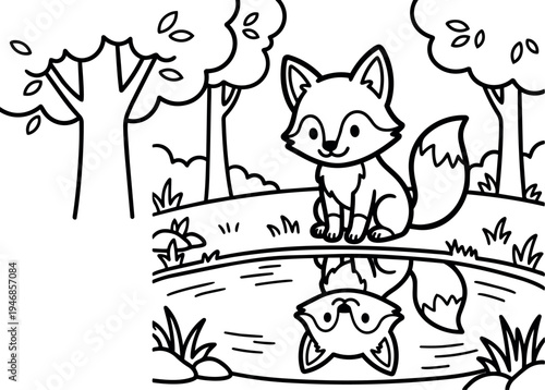 Cute cartoon fox sitting by the pond with forest trees reflection serene nature scene simple line art style