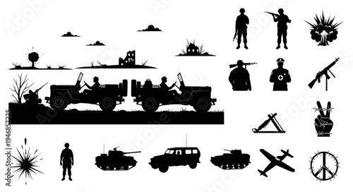 Military Silhouettes of Soldiers Vehicles and Weapons.