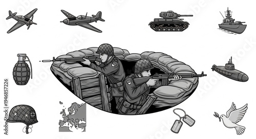 World War II Military Icons and Soldiers Illustration.