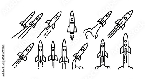 Collection of rocket ship illustrations in various launch and flight poses.