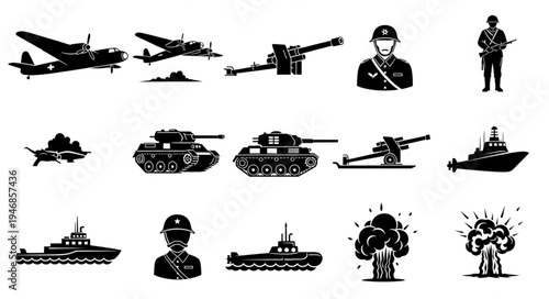 Collection of military equipment and soldiers silhouettes.