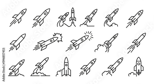 Collection of rocket ship icons in various launch and flight poses.