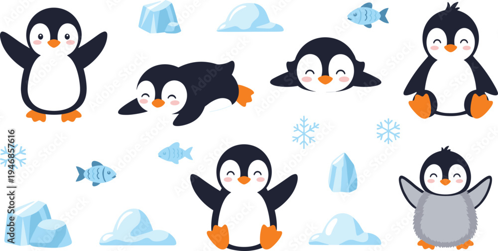Obraz premium Cute Penguin Cartoon Character Collection Featuring Standing, Sliding, Sitting Penguins with Ice, Snowflakes, and Fish Arctic Wildlife Kids Vector Illustration Set