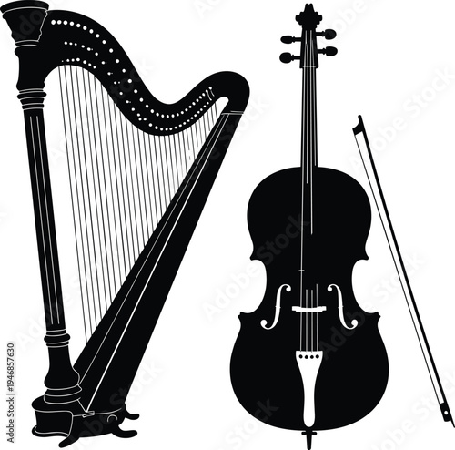Black and white harp and cello with bow musical instruments string instruments