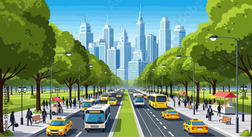 Vibrant Cityscape with Traffic and Pedestrians on a Sunny Day