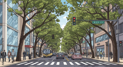 Lush green tree-lined avenue in city with traffic and pedestrians, vibrant urban scene