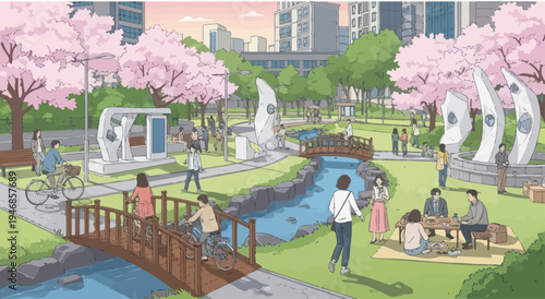 Spring park scene with cherry blossoms, people enjoying nature, and modern sculptures.