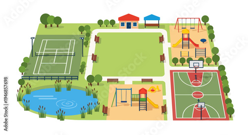 Vibrant Public Park with Playground, Sports Courts, and Pond - Isometric View