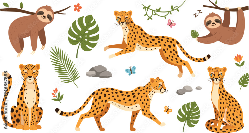 Fototapeta premium Cute Jungle Wildlife Animal Collection Featuring Sloths and Cheetahs with Tropical Leaves, Branches, Flowers, and Forest Nature Cartoon Vector Illustration Set