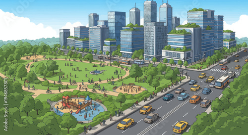 Modern Eco Cityscape with Green Buildings, Park, and Busy Road