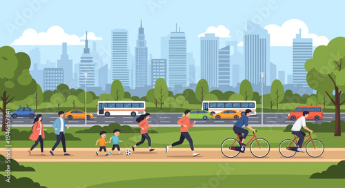 City park life: people walking, running, cycling, playing soccer with skyline background