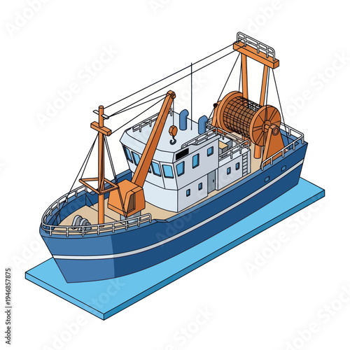 Blue Fishing Boat with Orange Crane.