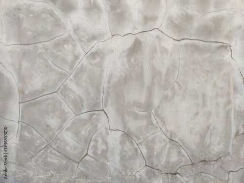 Background of a weathered grey cement wall featuring intricate spider web cracks and aged surface patterns. This industrial texture captures architectural decay and gritty urban design elements.