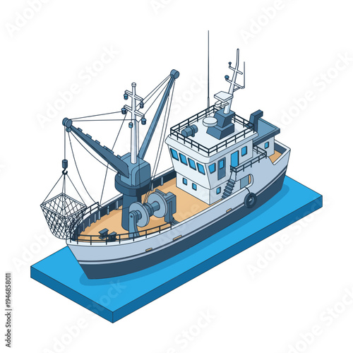 Isometric Illustration of Fishing Trawler Boat Vessel.
