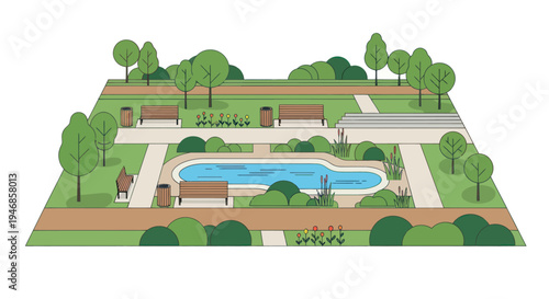 Isometric Park Design with Pool, Benches, and Greenery - Top View