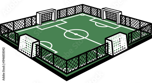 Green Miniature Football Soccer Field with Goals and Fences, isolated white background