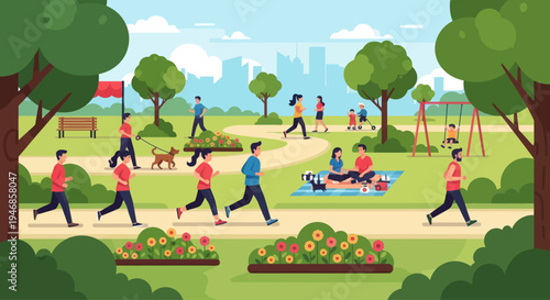 People enjoying a sunny day in a vibrant city park with activities and nature