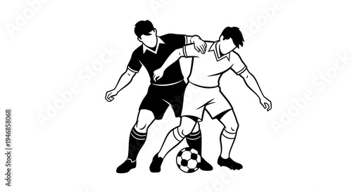Two determined male soccer players competing for the ball during an intense match on isolated white background