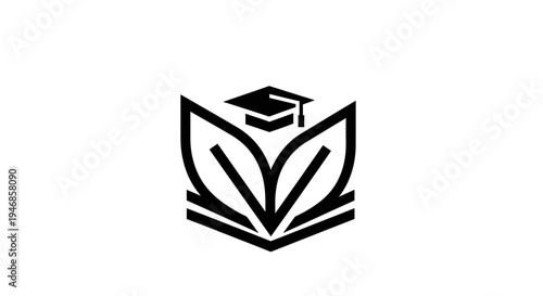Minimalist education logo design, graduation cap on open book symbolizing knowledge and learning on isolated white background