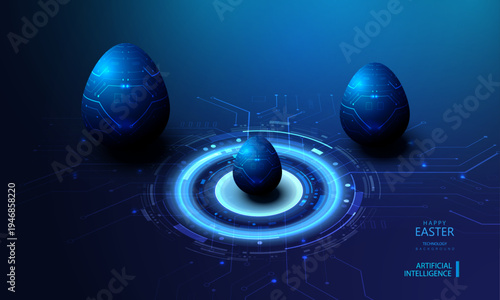 Easter Circuit Eggs Isometric Concept With Glowing Lines In Blue Technology Style. AI Egg Background. Futuristic Abstract Neon Circle Holiday Card Vector.