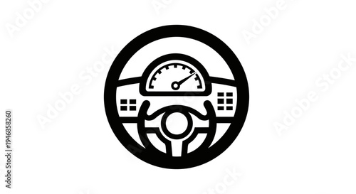 Car steering wheel icon with dashboard and speedometer, automotive control, isolated white background.