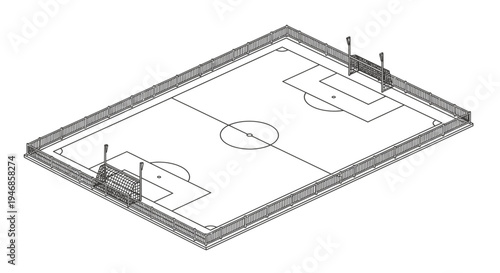 Isometric view of a detailed soccer football field layout, isolated white background.