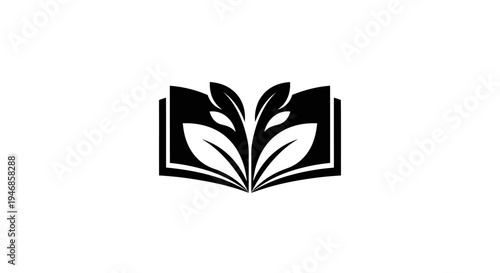 Open book icon with stylized leaves, representing nature and wisdom, isolated white background.