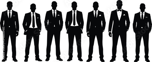 Black Silhouette Group of Seven Elegant Men in Suits and One Groom in Tuxedo with Bowtie Standing on White Background