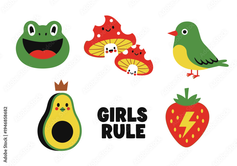 Obraz premium Playful Sticker Collection Featuring a Frog Mushrooms Bird Avocado Strawberry and Girls Rule Text