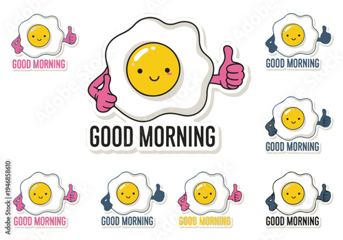 Happy Fried Egg Character Giving Thumbs Up with Good Morning Message Playful Cartoon Breakfast Food