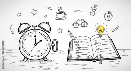 Alarm clock and open book with light bulb and doodles.