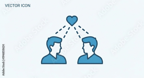 Two men connected by love heart icon.
