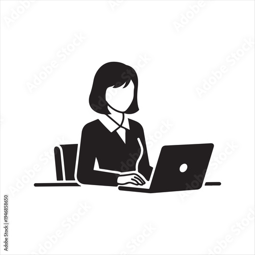 Woman Working on Laptop at Desk Icon Representing Office Work and Productivity On White Background