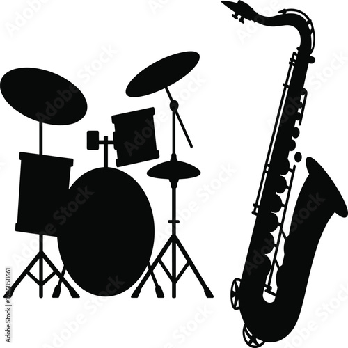 Black and white silhouette of drum set and saxophone drums