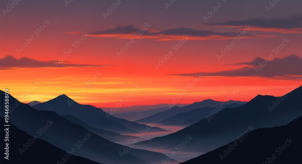 Obraz premium Majestic Mountain Valley at Sunrise with Fiery Sky and Fog