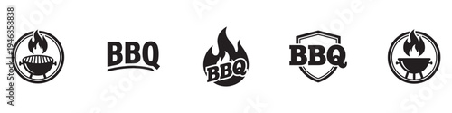 Barbecue and grill logo design elements. BBQ badges, stickers and labels with fire and grill silhouettes for restaurant or steak house. Vector Illustration.