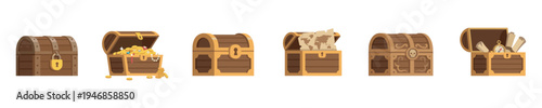 Wooden chests icon set. Pirate treasure chest set in flat design. Wooden chests with gold coins, gems, old maps, compass, and skull symbols for game interface and adventure themes.
