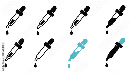 Dropper bottle collection vector illustration, featuring multiple cosmetic and medical dropper bottles with one highlighted in vibrant blue and green for product packaging and branding designs.
