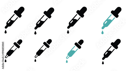 Dropper bottle set, showcasing glass dropper containers with one vibrant blue and green highlighted bottle, ideal for cosmetic, skincare, essential oil, and pharmaceutical vector illustrations.