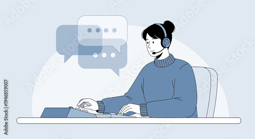 Customer service operator with headset and speech bubbles, online support concept