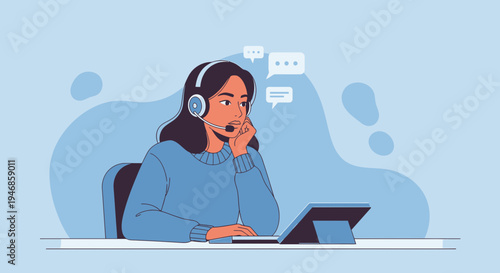 Customer service agent with headset and tablet, providing support, online communication, blue background