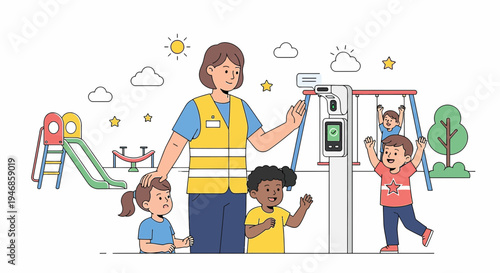 Childcare worker uses temperature scanner on children at playground, ensuring safety and health.