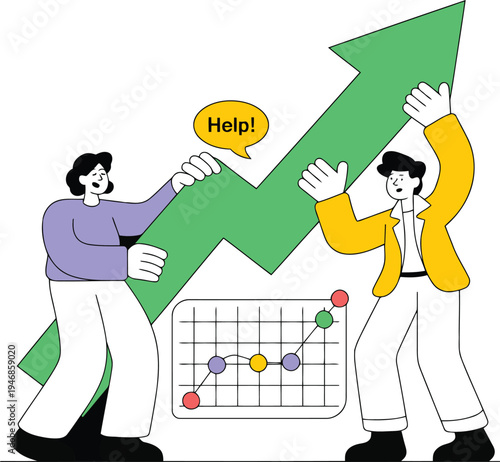 Two people working together to hold up a large green arrow